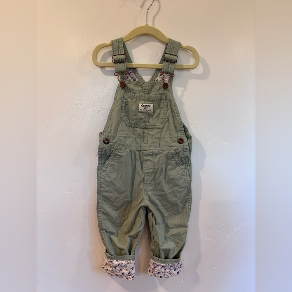 OshKosh B’gosh 2T Sage Green Overalls Floral Cuff Adjustable | A10